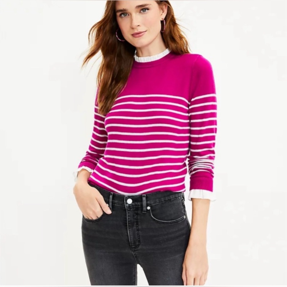 LOFT PINK AND WHITE STRIPED RUFFLE NECK AND SLEEVE SIZE SMALL SWEATER